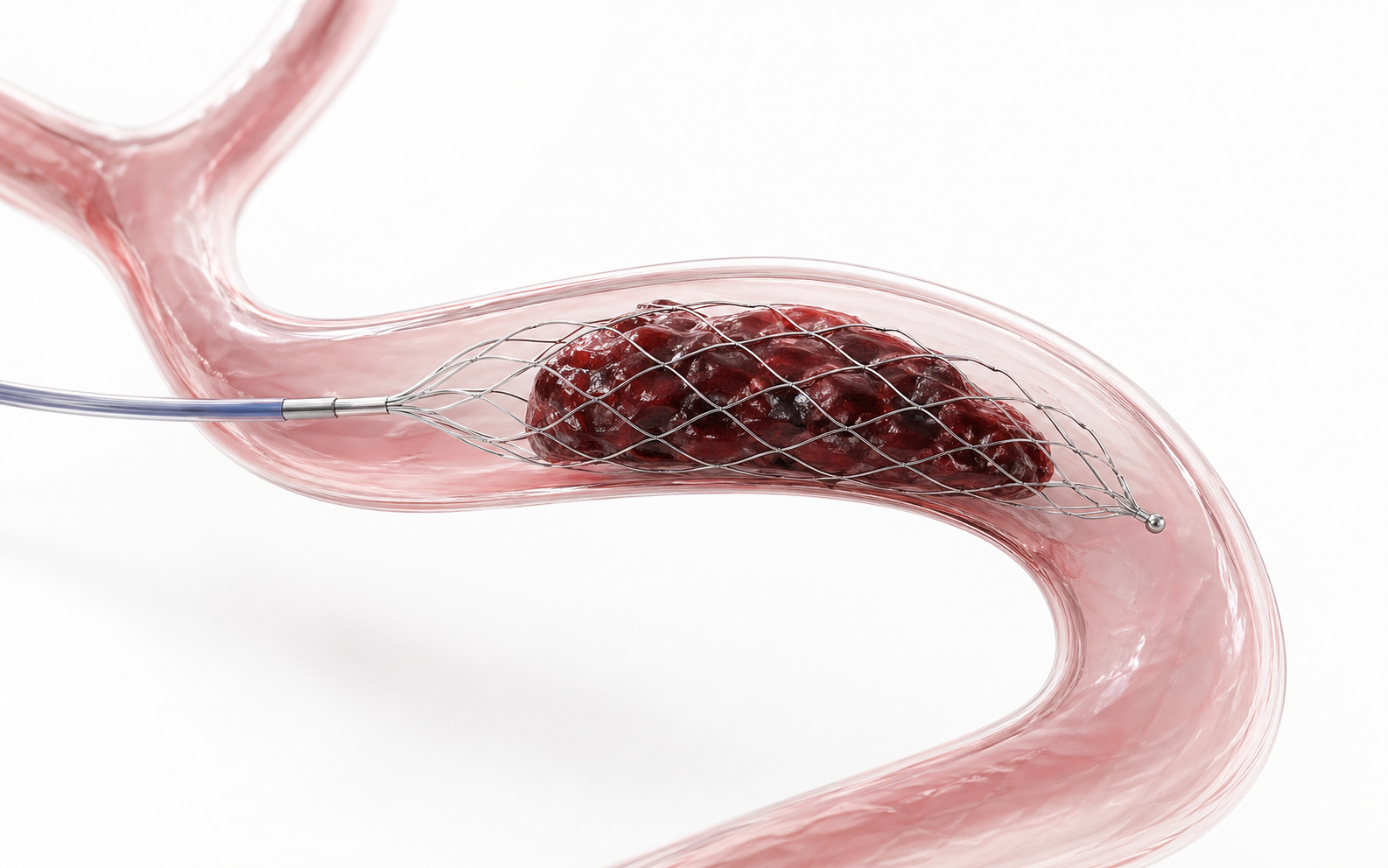 Neurovascular stent retriever capturing clot inside a curved vessel